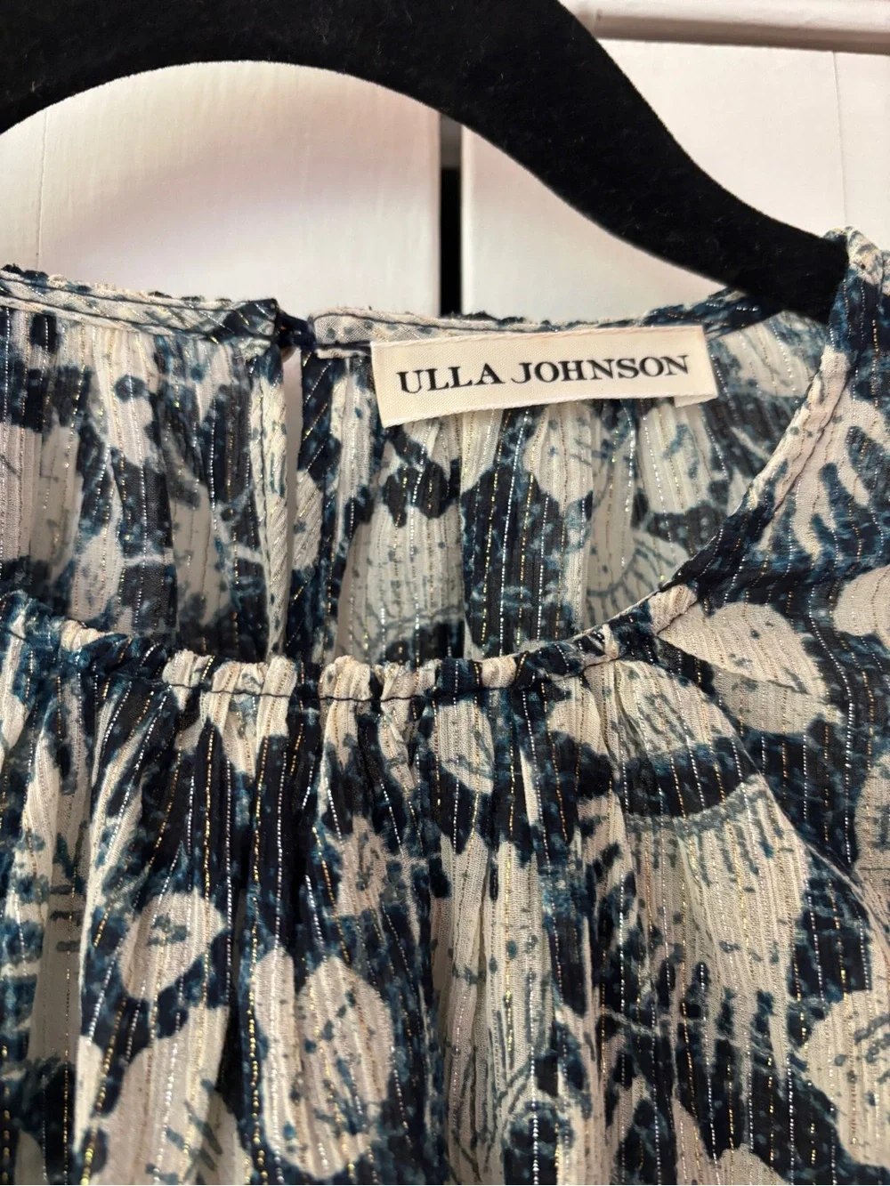 Ulla Johnson‎ Nova Top Indigo Batik Floral Metallic Puff Sleeve Blouse Size 0